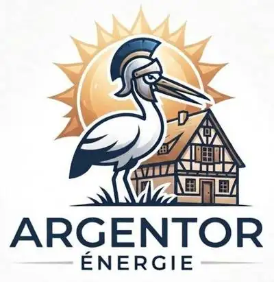 Logo Argentor Énergie : cigogne casquée devant une maison alsacienne à colombages, soleil en fond